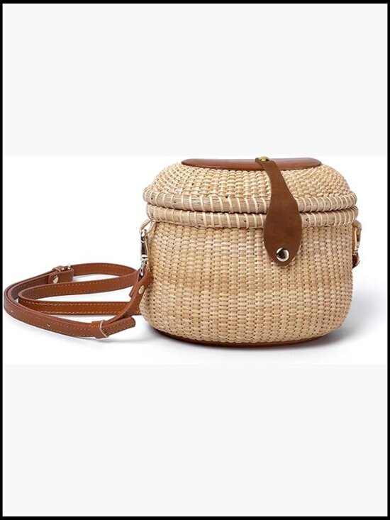 Handbags - Nantucket Basket Tall Crescent Purse Rattan Cane-on-Cane Weave Crossbody Bag